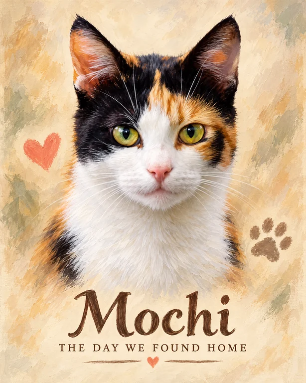 A cat portrait celebrating a homecoming in the Adoption Day Keepsake design.