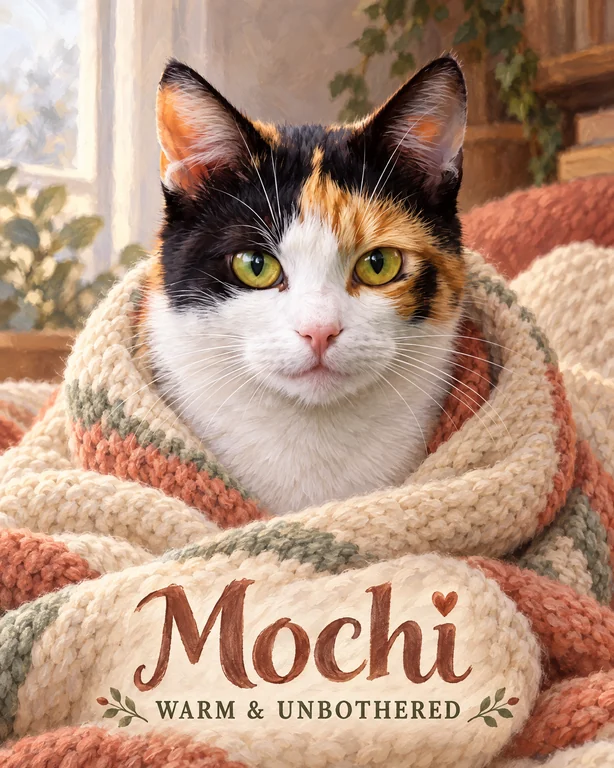 A cat portrait wrapped in the Blanket Burrito Cat design.
