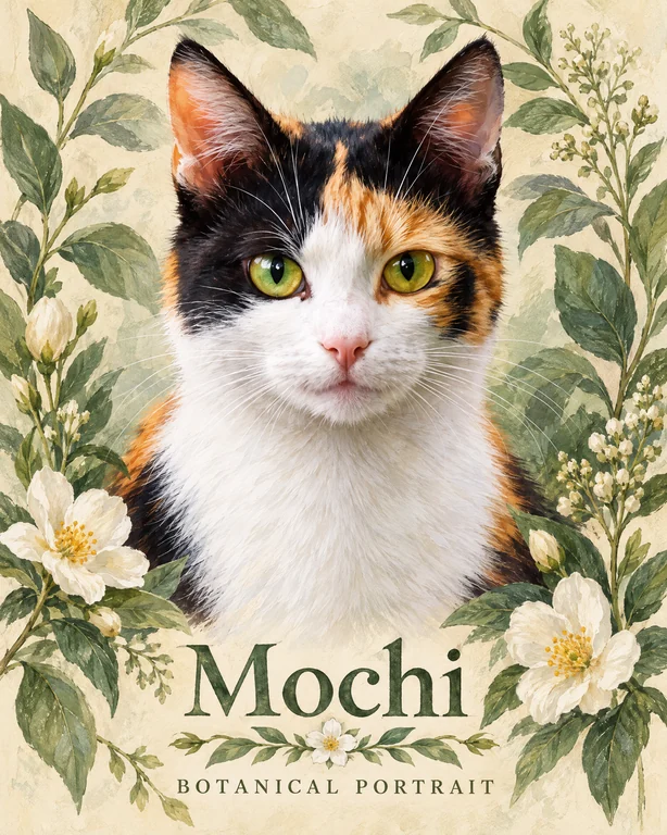A cat portrait with botanical details in the Botanical Name Poster design.