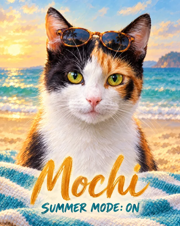 A sunny Summer Beach Cat portrait of Mochi.