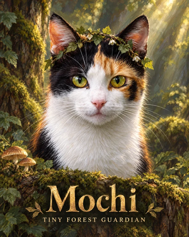 Mochi the calico cat as a Tiny Forest Guardian, surrounded by sunlit leaves